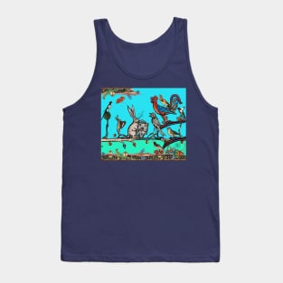 WEIRD MEDIEVAL BESTIARY MORNING MUSIC CONCERT OF RABBITS AND BIRDS IN TEAL BLUE Tank Top